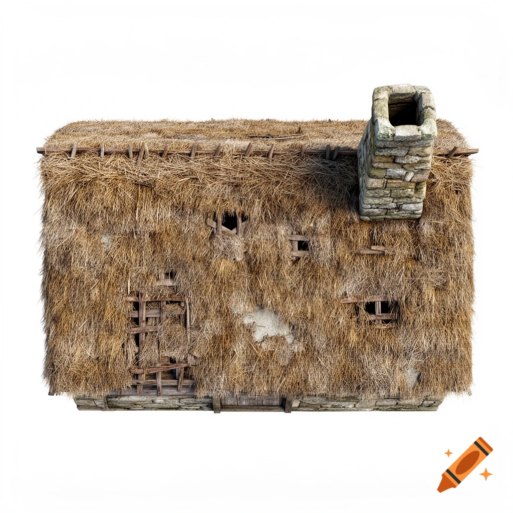 Top-down view of a worn, weathered thatched roof house with a stone chimney, uneven straw, and visible repairs, on white.