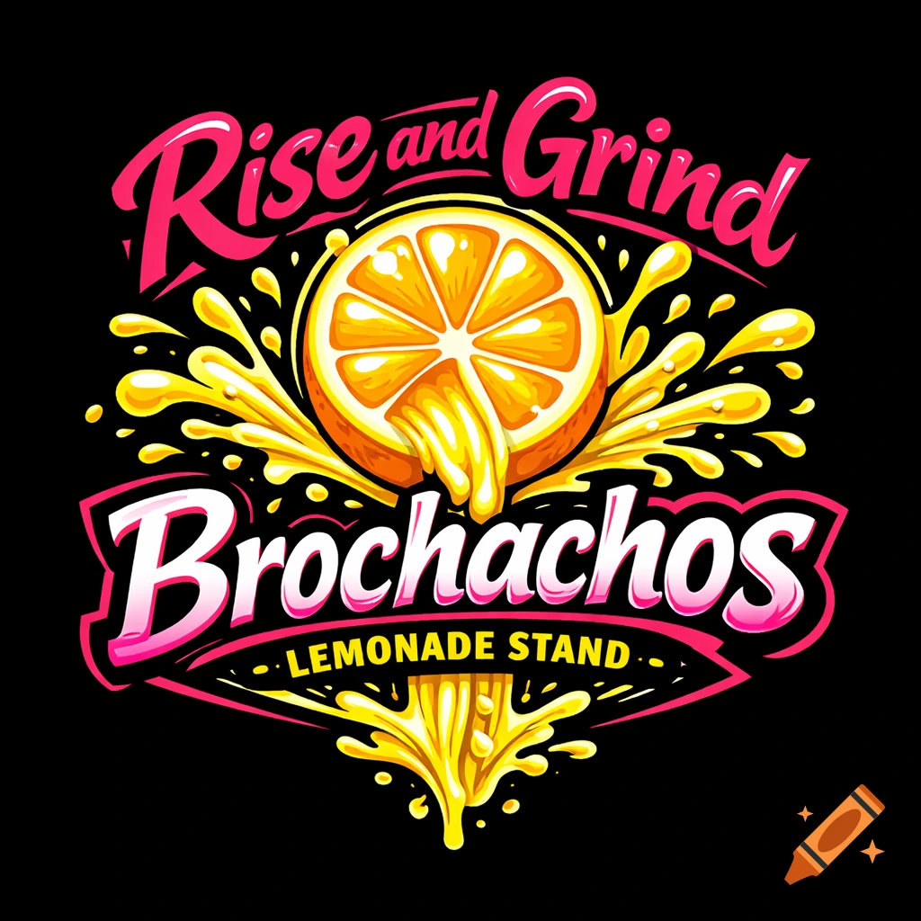 Cartoon-style logo on black, featuring a yellow lemon slice bursting with juice. Hot pink text reads "Rise and Grind" and "Brochachos Lemonade Stand".