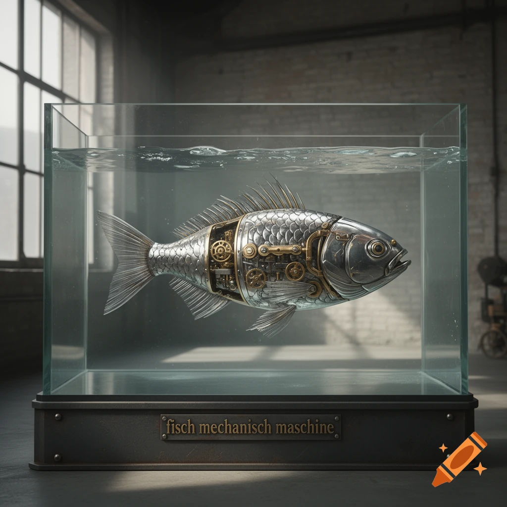 Photorealistic image of a steampunk mechanical fish with visible gears, submerged in a glass aquarium in an industrial setting.
