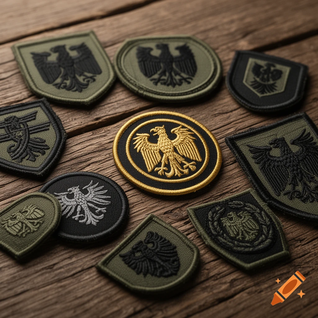 A close-up shot of various German military-style patches with embroidered eagle emblems on a wooden surface.