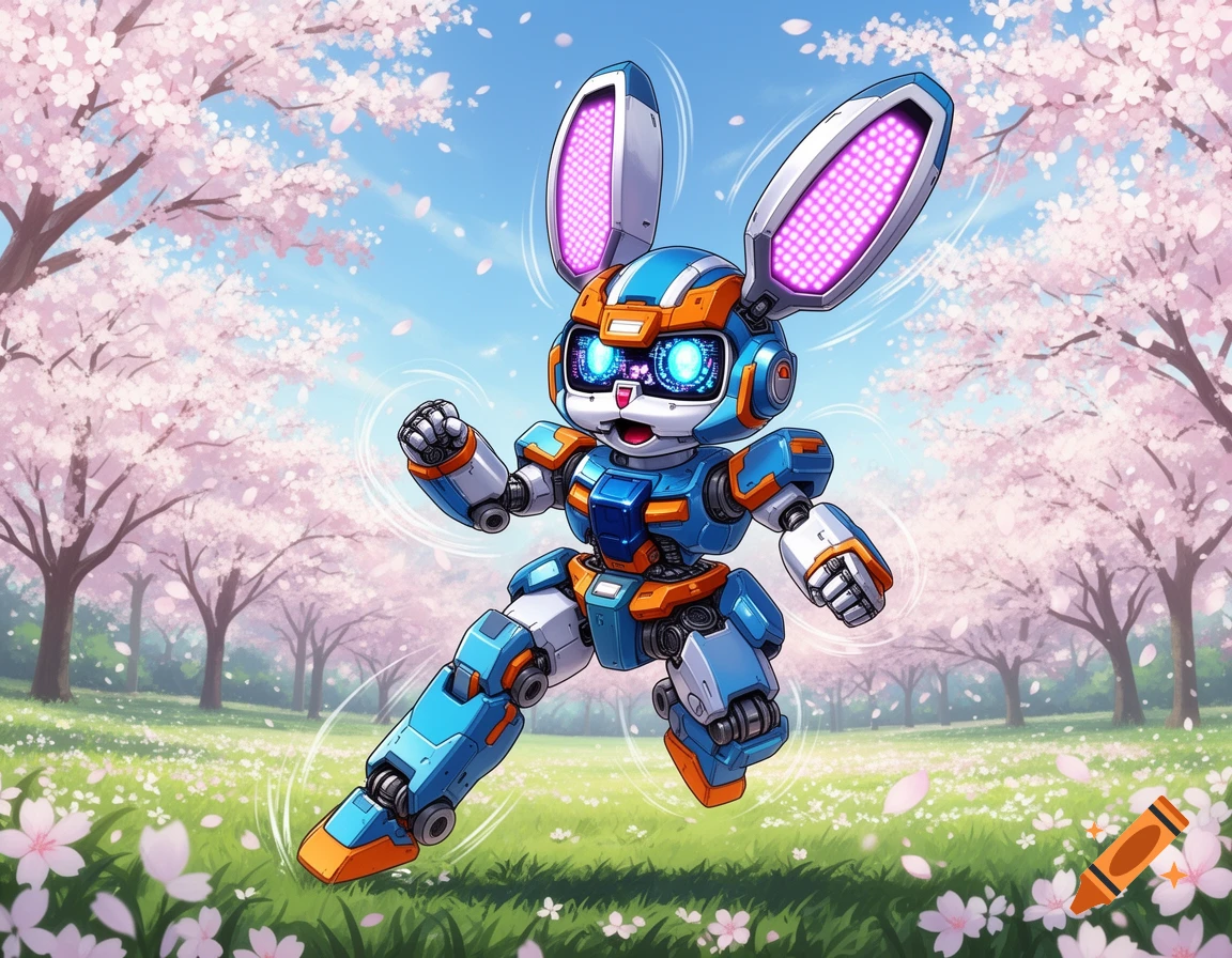 Colorful anime-style robot rabbit with glowing blue eyes and purple ears, running through a vibrant cherry blossom field.