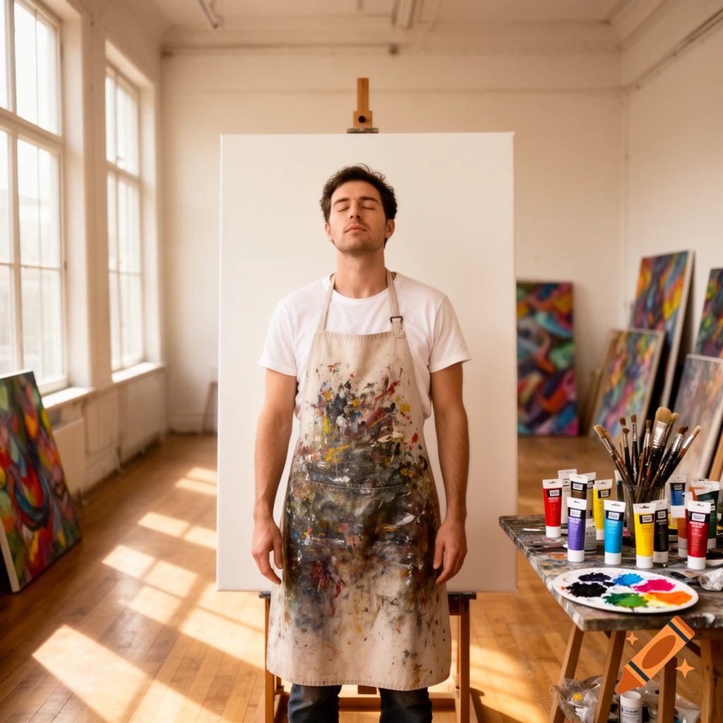 A male artist with eyes closed, wearing a paint-splattered apron, stands in an art studio with a canvas and painting supplies.