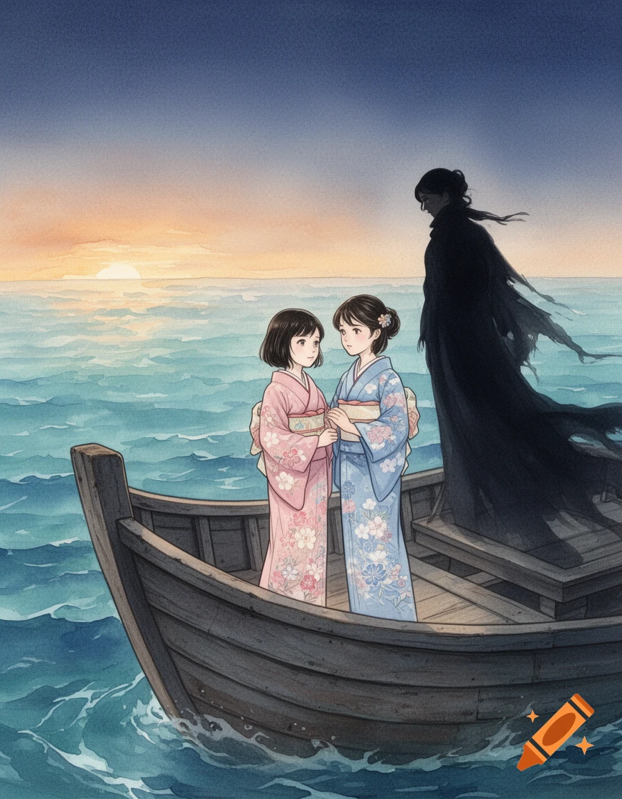Watercolor illustration of two Japanese girls in kimonos on a boat at sunset, observed by a dark, shrouded figure.