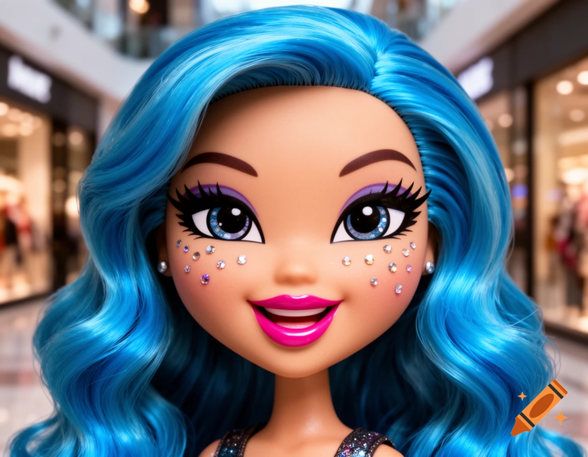 A smiling doll with bright blue wavy hair, large blue eyes, pink lips, and sparkly gems on her cheeks, against a blurred mall background.