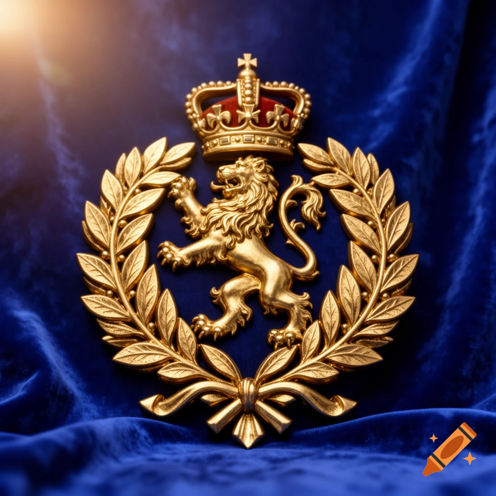 A detailed golden emblem with a crowned lion rampant inside a laurel wreath, set against a rich blue velvet background.