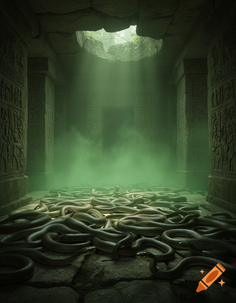 An ancient stone chamber filled with green mist and countless snakes covering the floor, lit by a hole in the ceiling.
