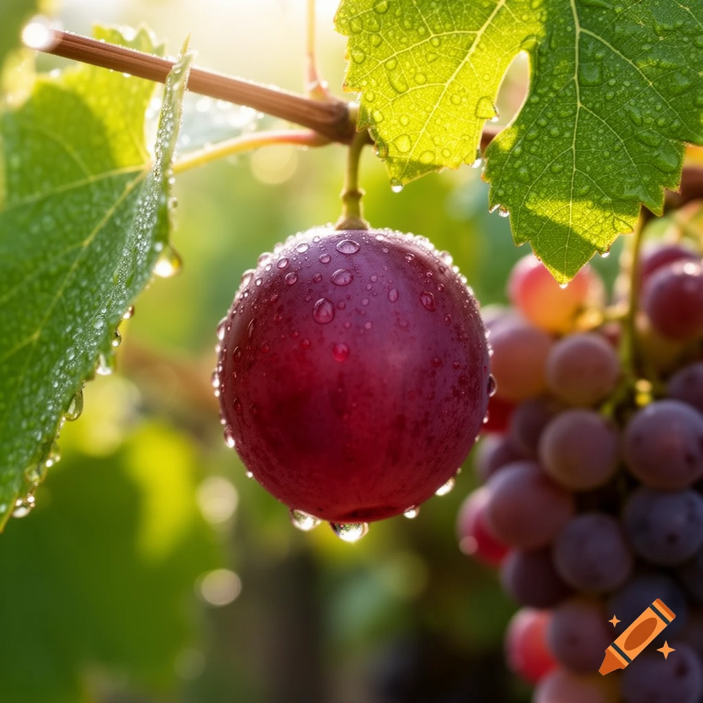 Close-up of a large red grape covered in water droplets, hanging from a vine, with sunlit green leaves and blurred grapes in the background.