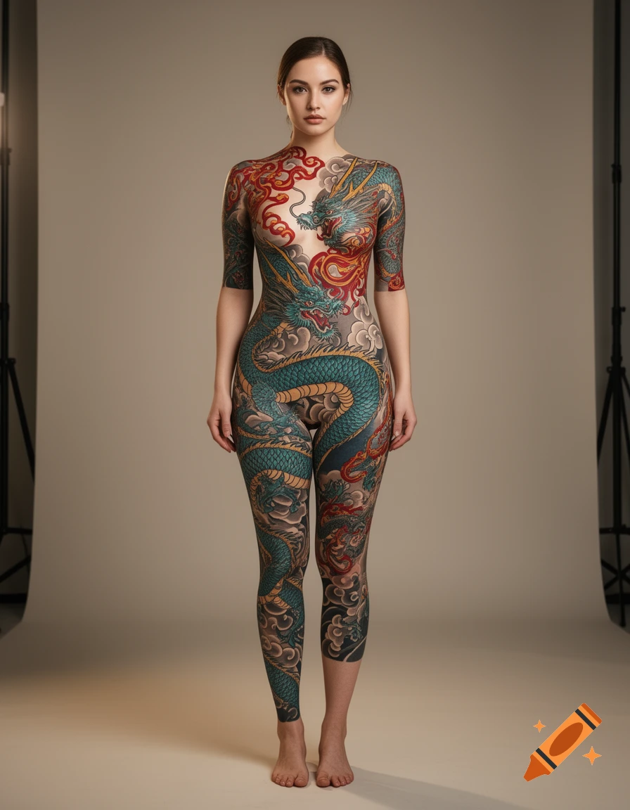 A full-body studio shot of a woman with intricate green and red Japanese irezumi dragon tattoos covering her body.
