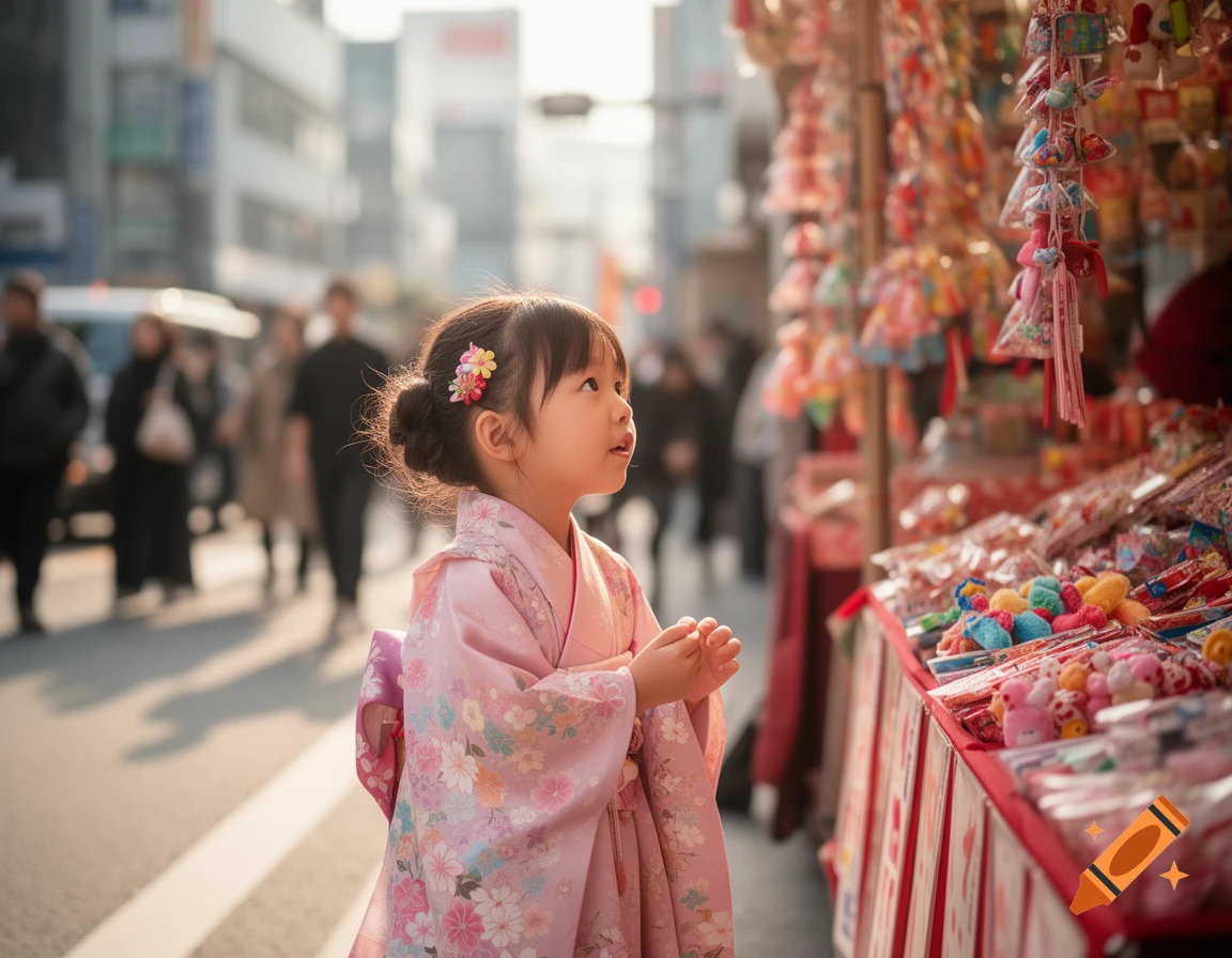 A young Japanese girl in a pink kimono with floral patterns, looking with wonder at a colorful street market stall.