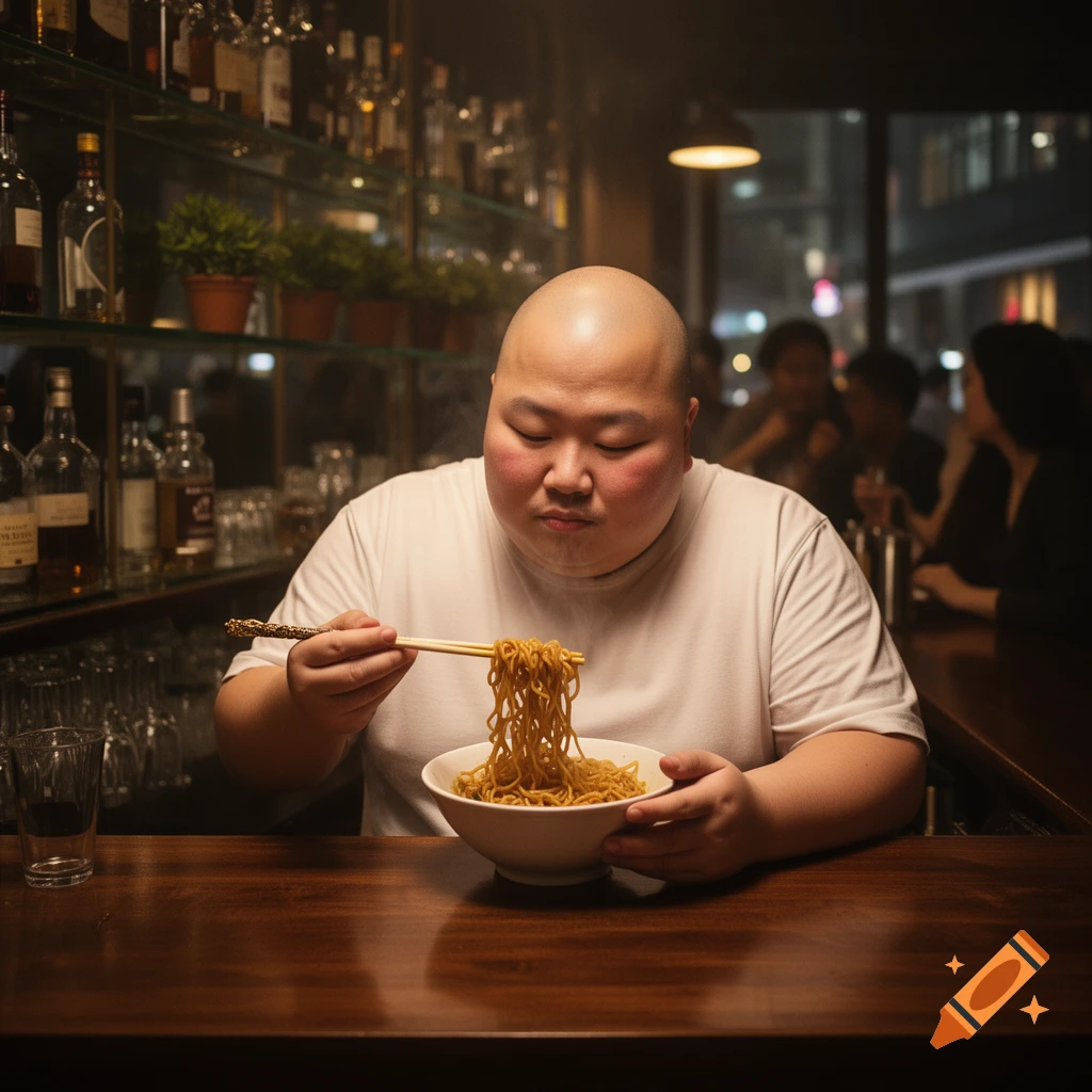 Bald Asian man in a white t-shirt eating noodles with chopsticks at a dimly lit bar counter.