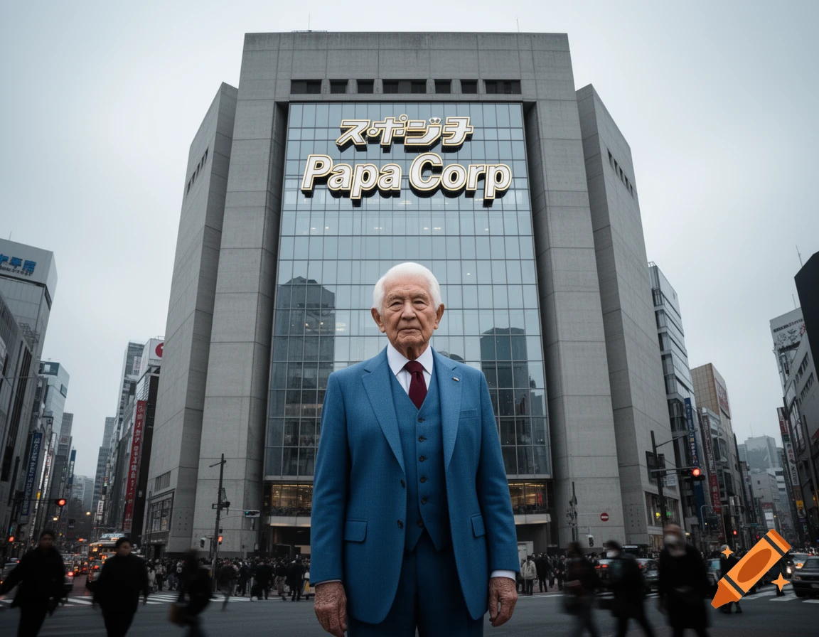 An old white man in a blue suit stands in a bustling Japanese city street, with a large 'Papa Corp' building behind him.