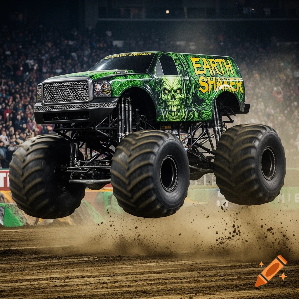 A green monster truck with a skull design and 'Earth Shaker' text jumps high over a dirt track with a crowd in the background.
