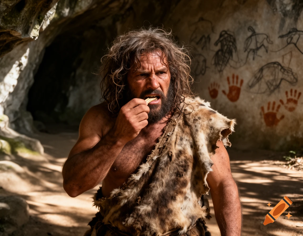 A rugged caveman with long messy hair and a beard, wearing an animal fur tunic, eats a piece of food while standing in a cave with ancient handprints and animal drawings on the rock wall.