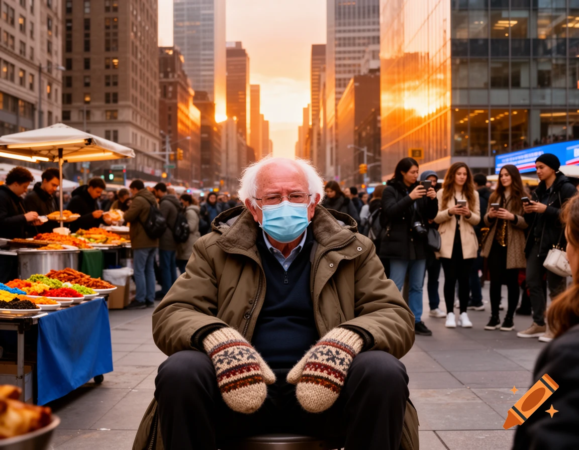 Bernie Sanders in his mittens sits amidst a bustling city street with food stalls and tall buildings at sunset.