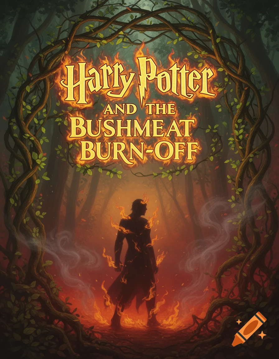 A dark fantasy book cover for 'Harry Potter and the Bushmeat Burn-Off' featuring a fiery figure in a forest framed by vines.