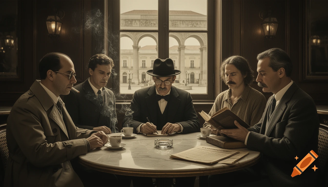 A sepia-toned cinematic image shows four versions of a man, Fernando Pessoa, in a 1930s Lisbon cafe, one writing, one smoking, one reading, and one looking out the window.