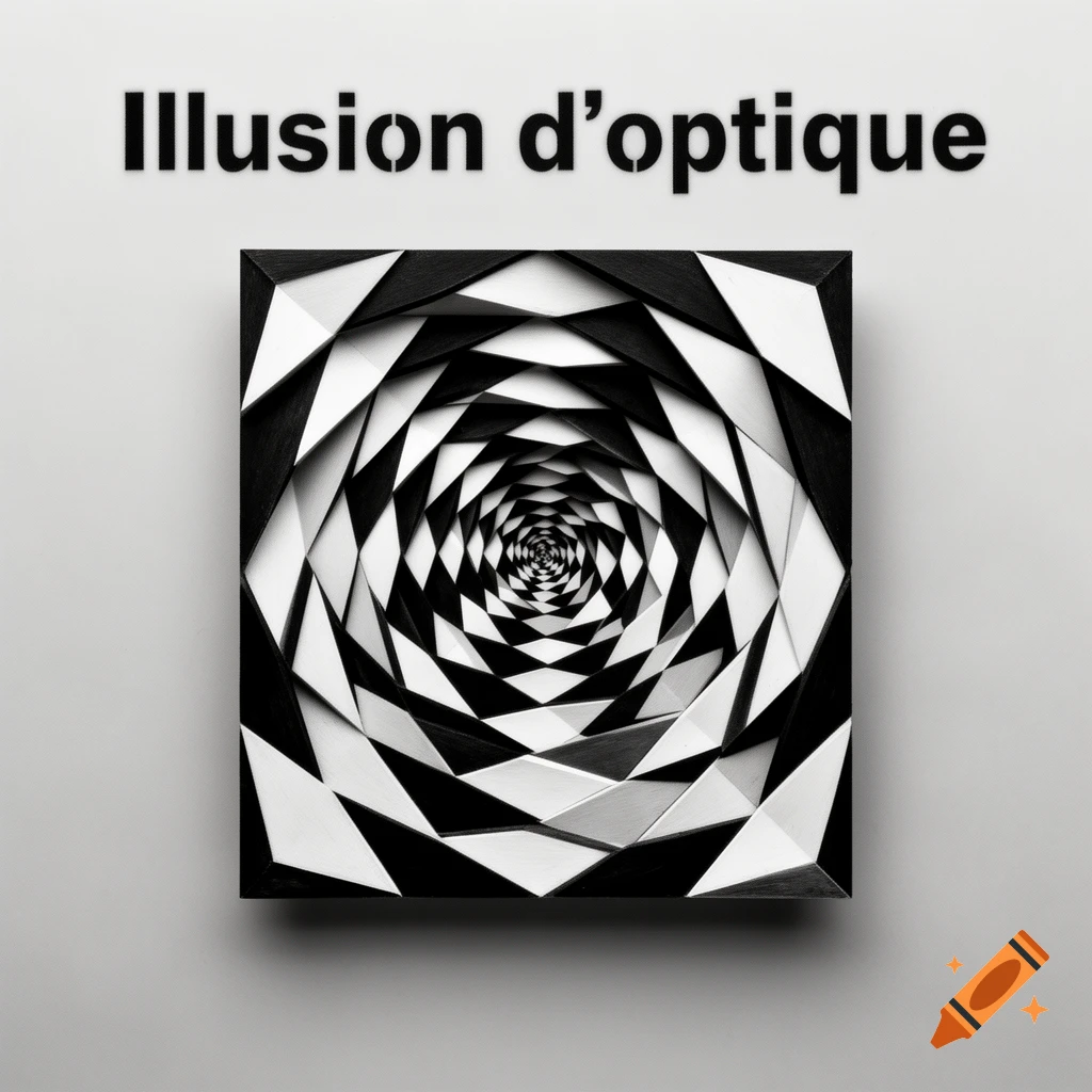 A black and white geometric optical illusion forming a spiral tunnel, with "Illusion d'optique" text above.