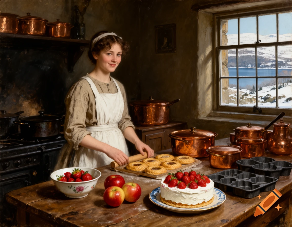 An oil painting of a smiling kitchen maid baking pastries and cakes in a rustic Regency-era kitchen with copper pots and a snowy landscape visible through a window.