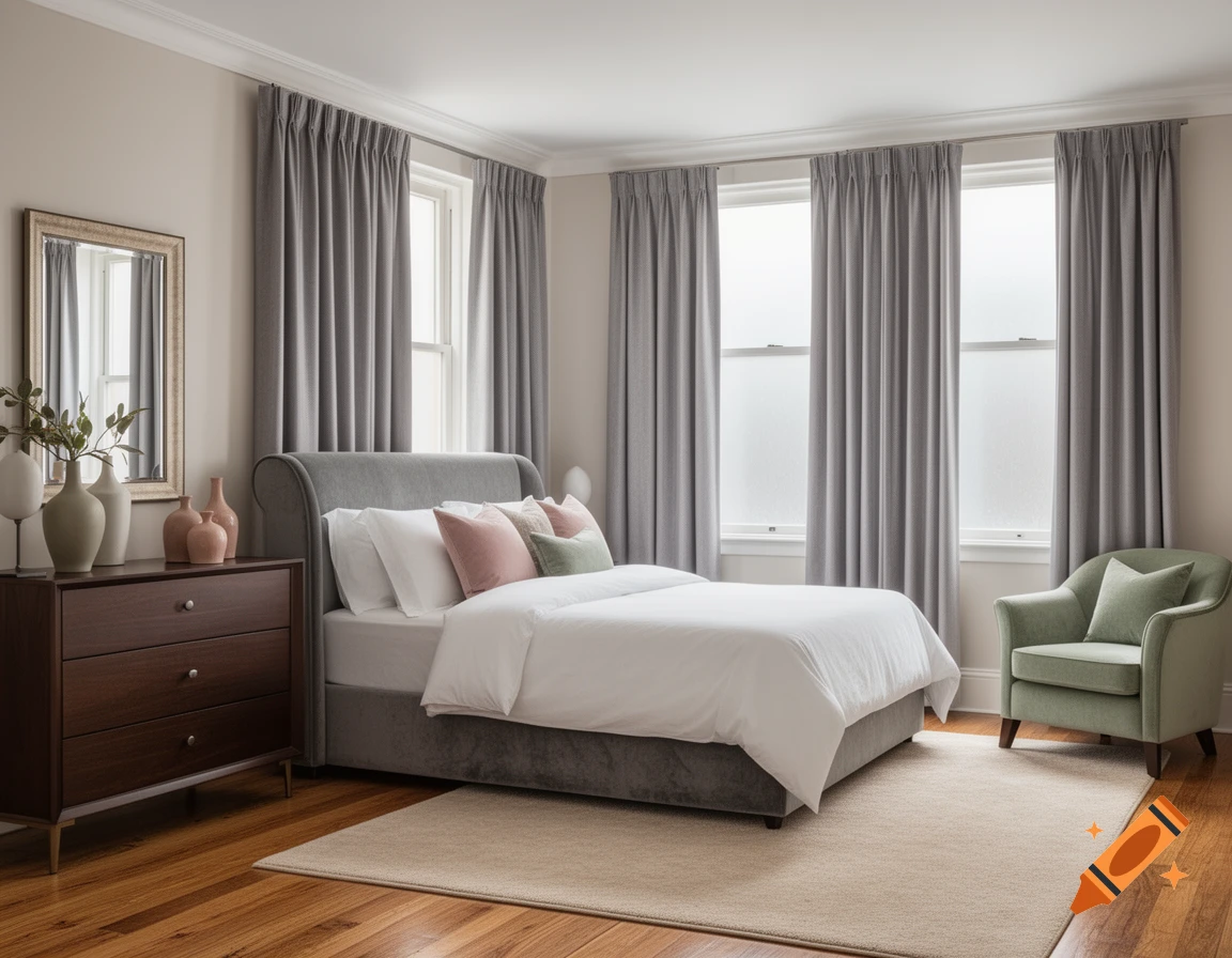 A modern bedroom with a grey upholstered bed, white bedding, a dark wood dresser, a gold mirror, and a light green armchair.