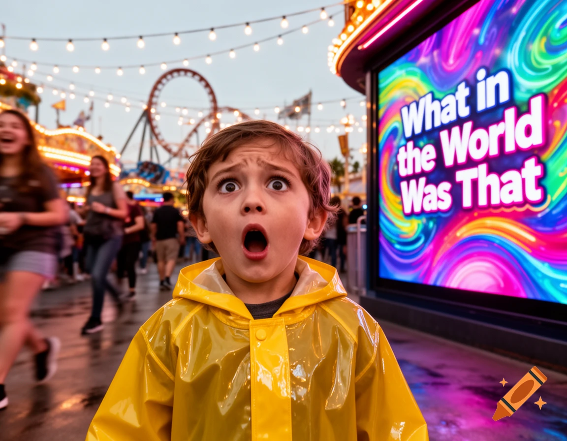 A young boy in a yellow raincoat with a shocked expression stands in an amusement park with a screen displaying 'What in the World Was That' to his right.