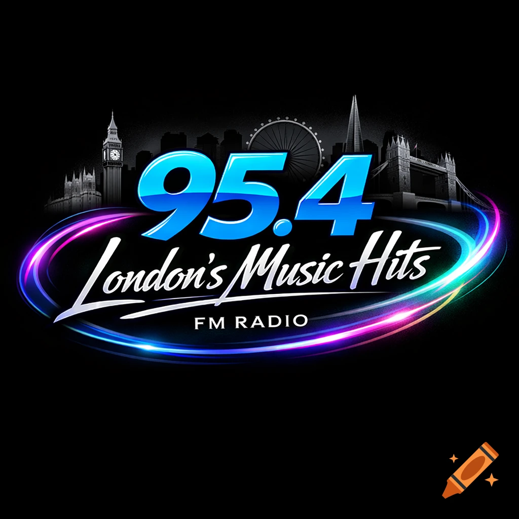 Logo for '95.4 London's Music Hits FM RADIO' with blue text, glowing rings, and London skyline silhouettes.