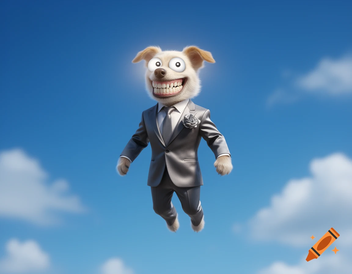A cartoon dog in a gray suit and tie with a wide, toothy grin floats in a blue sky.