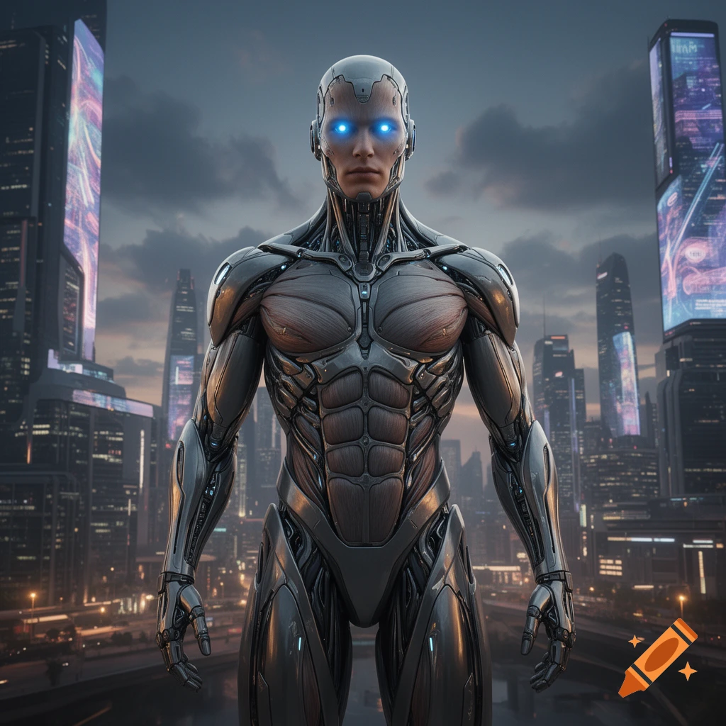 Photorealistic cyborg with glowing blue eyes stands against a backdrop of a futuristic city at dusk.