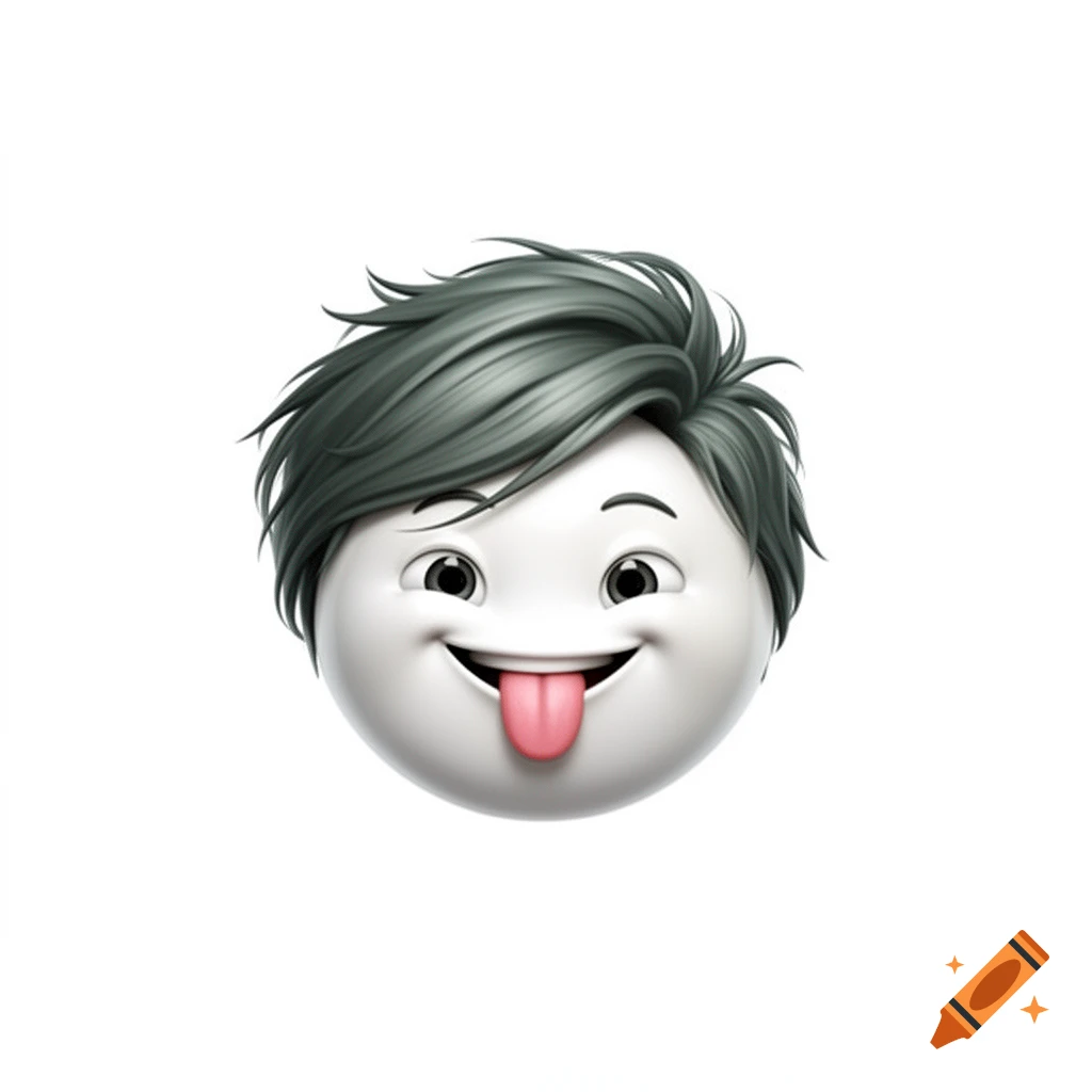 A 3D cartoon emoji head with white skin, dark greenish-grey hair, smiling with its tongue sticking out, on a white background.