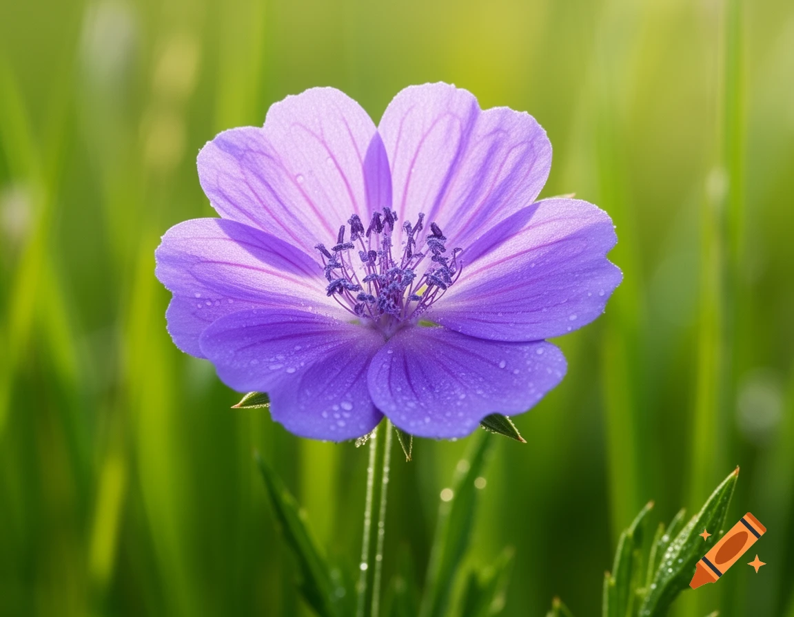Close-up of a vibrant purple wildflower with dew drops on its petals, against a soft green background.