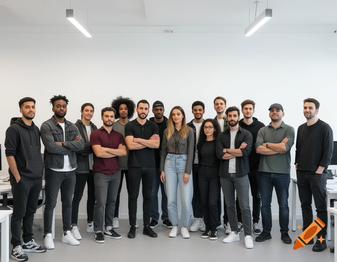 A diverse group of men and women in casual clothes posing for a photo in a modern office with a white wall.