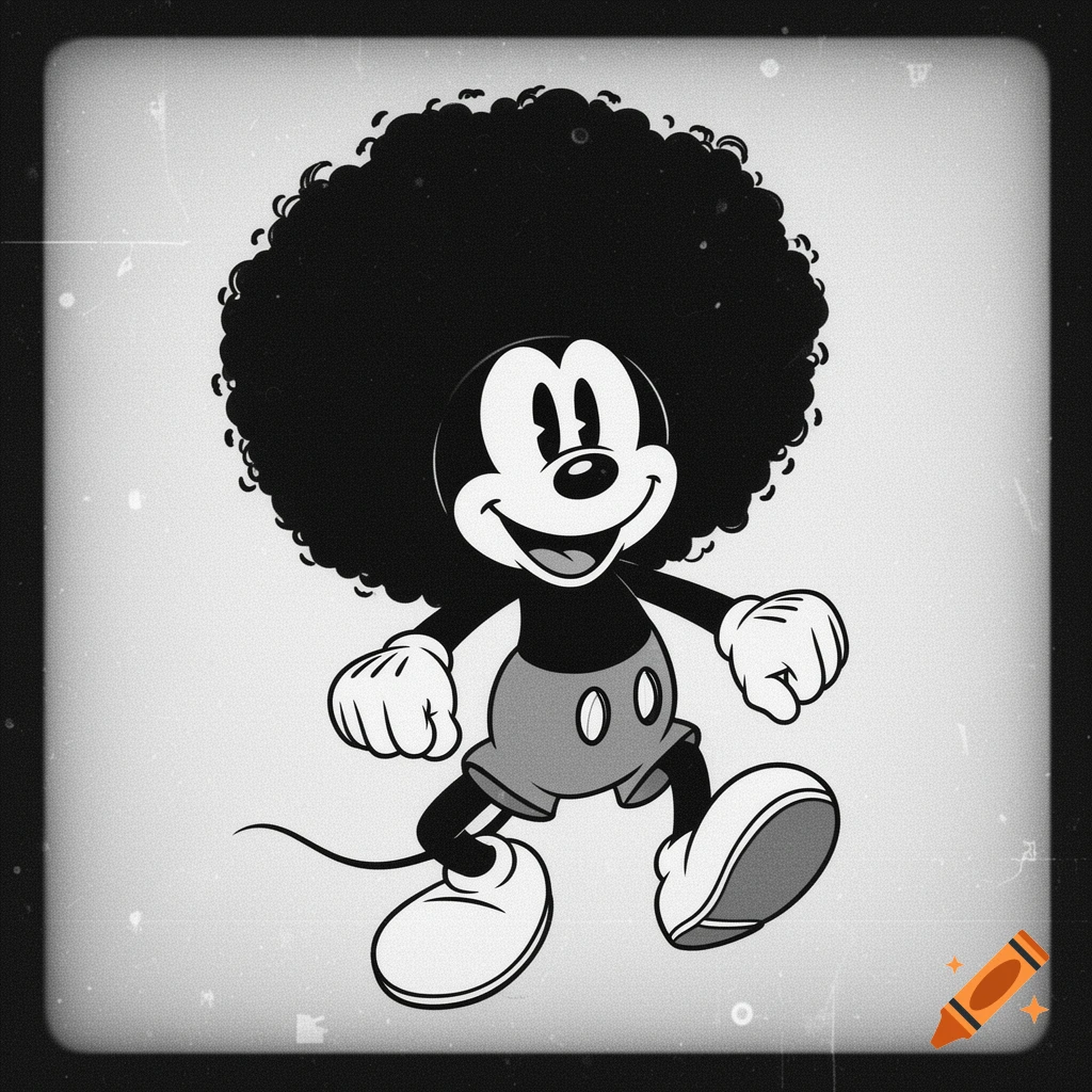 Black and white cartoon Mickey Mouse with a large afro, walking cheerfully in a retro film style.