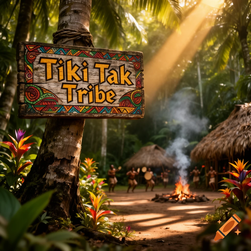 A wooden sign reading "Tiki Tak Tribe" on a palm tree in a lush tropical jungle, with huts and a bonfire in the background.