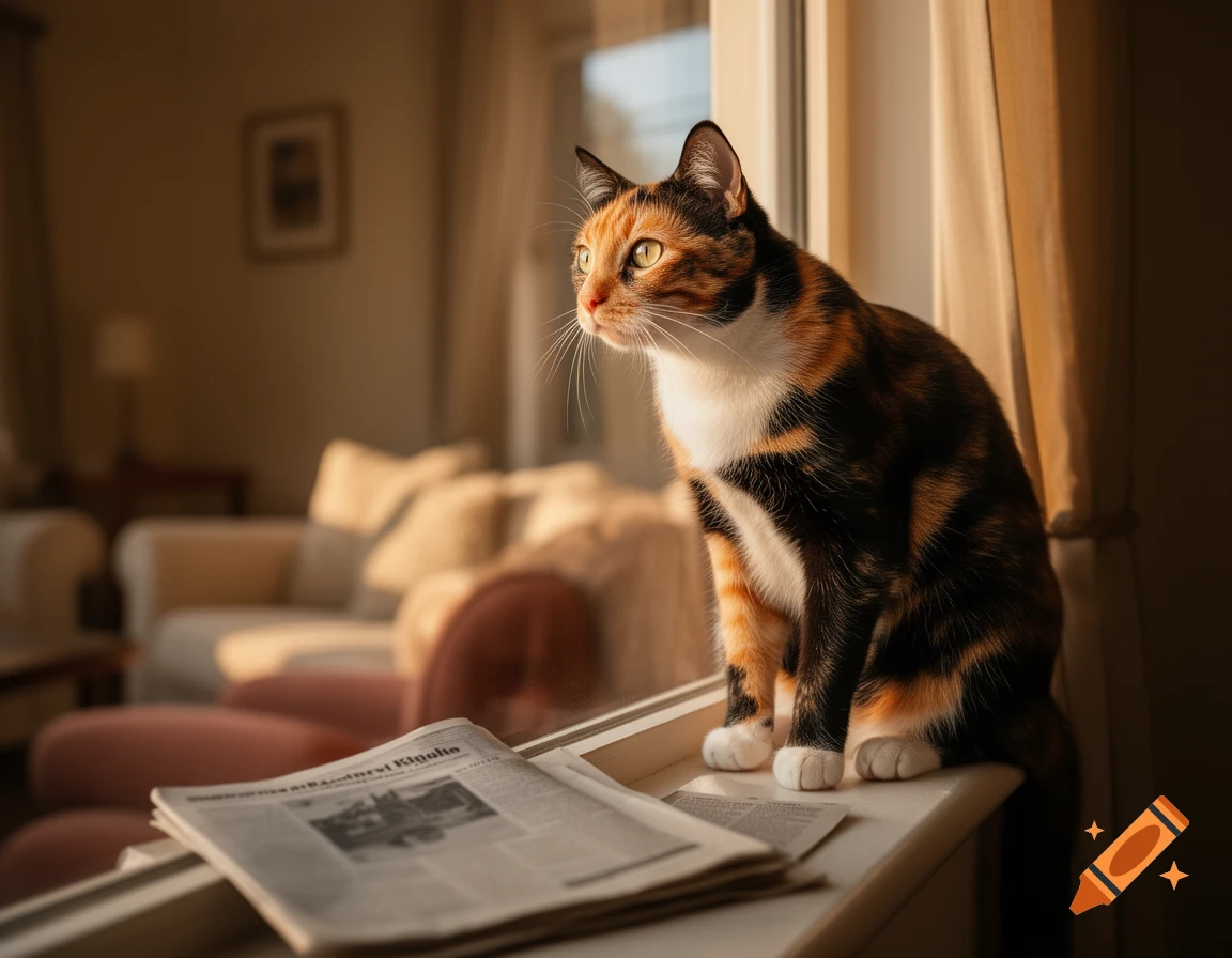A photorealistic calico cat sits on a sunlit windowsill next to a newspaper, looking out the window in a cozy room.