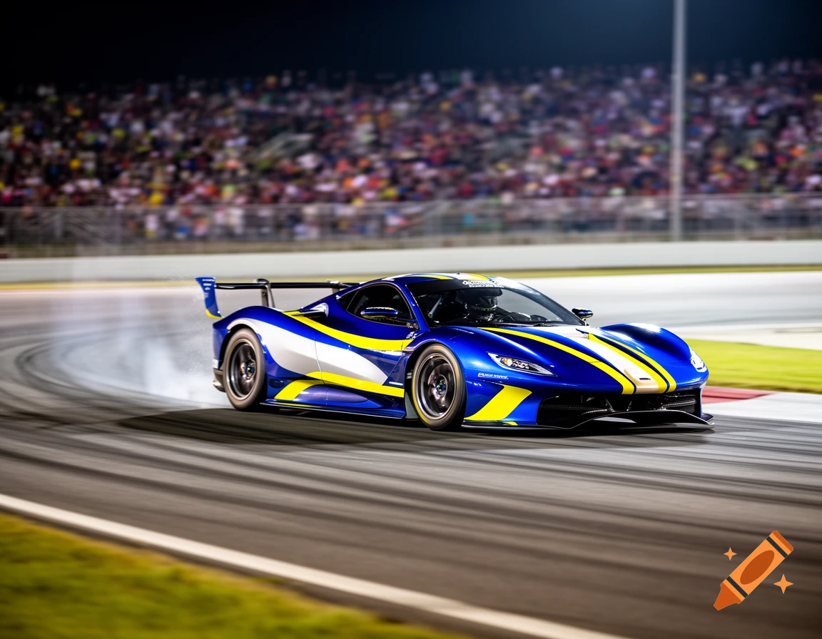 A blue and yellow race car drifting on a track at night, with spectators in the blurred background. Photorealistic.