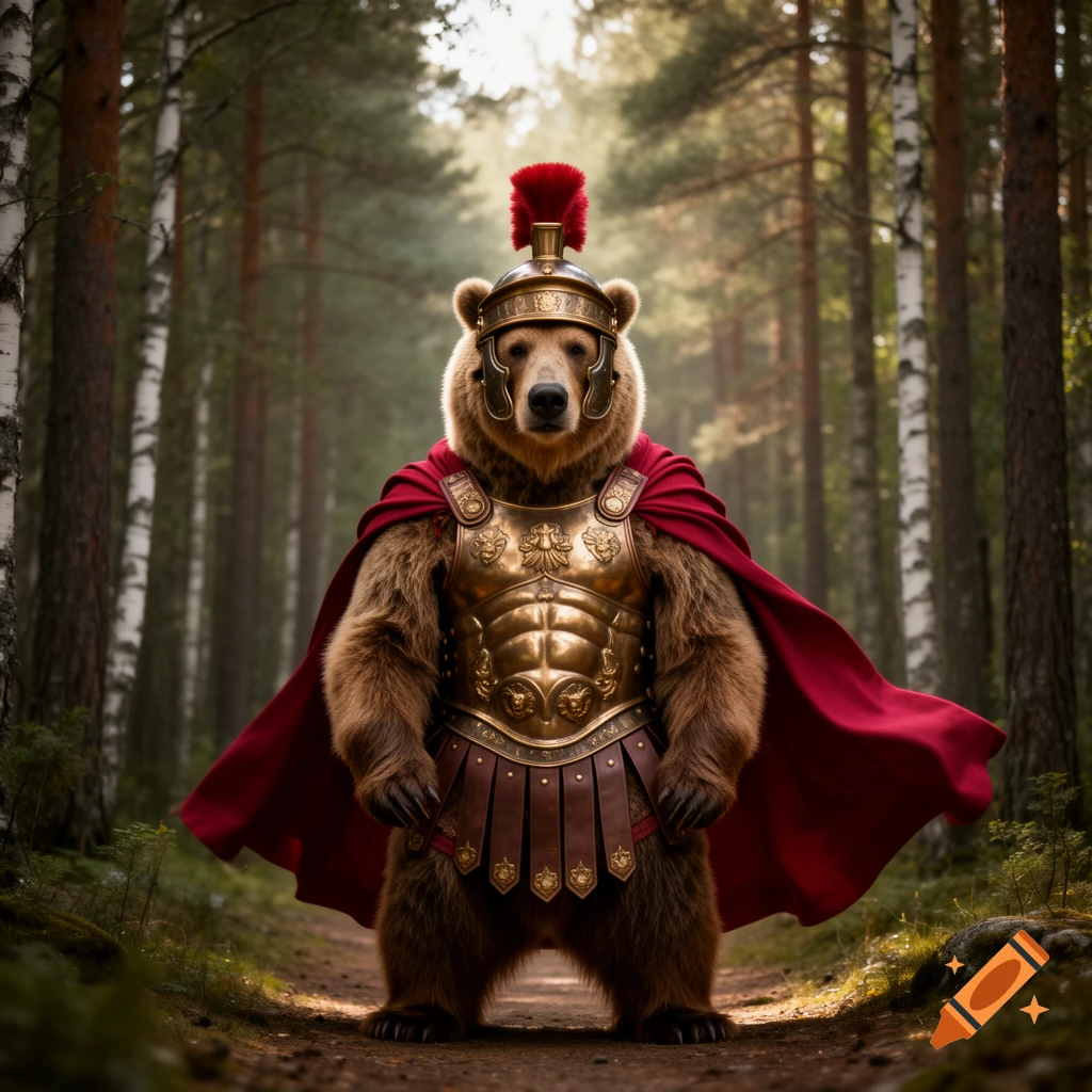 A photorealistic image of a brown bear dressed in golden Roman centurion armor with a red cape, standing on a forest path.