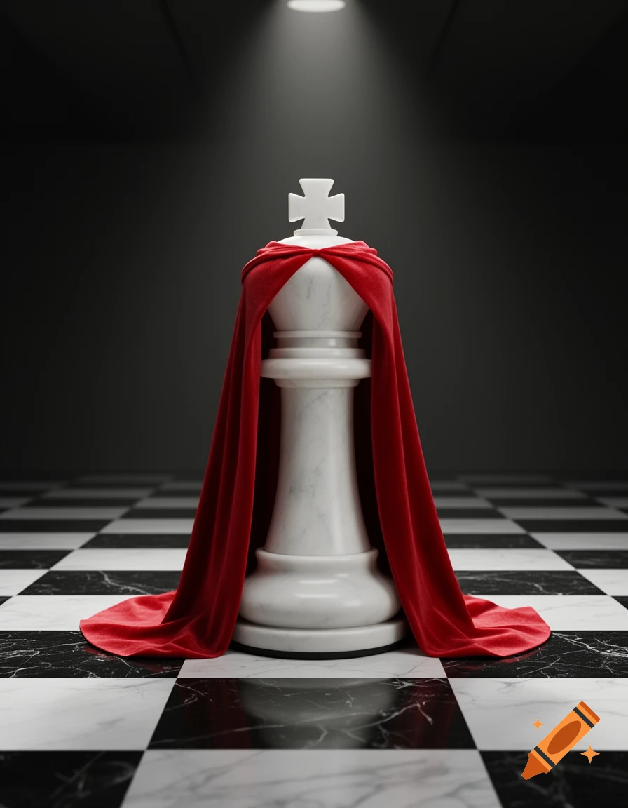 A white marble chess king wearing a flowing red velvet cape stands on a black and white marble chessboard under a spotlight.