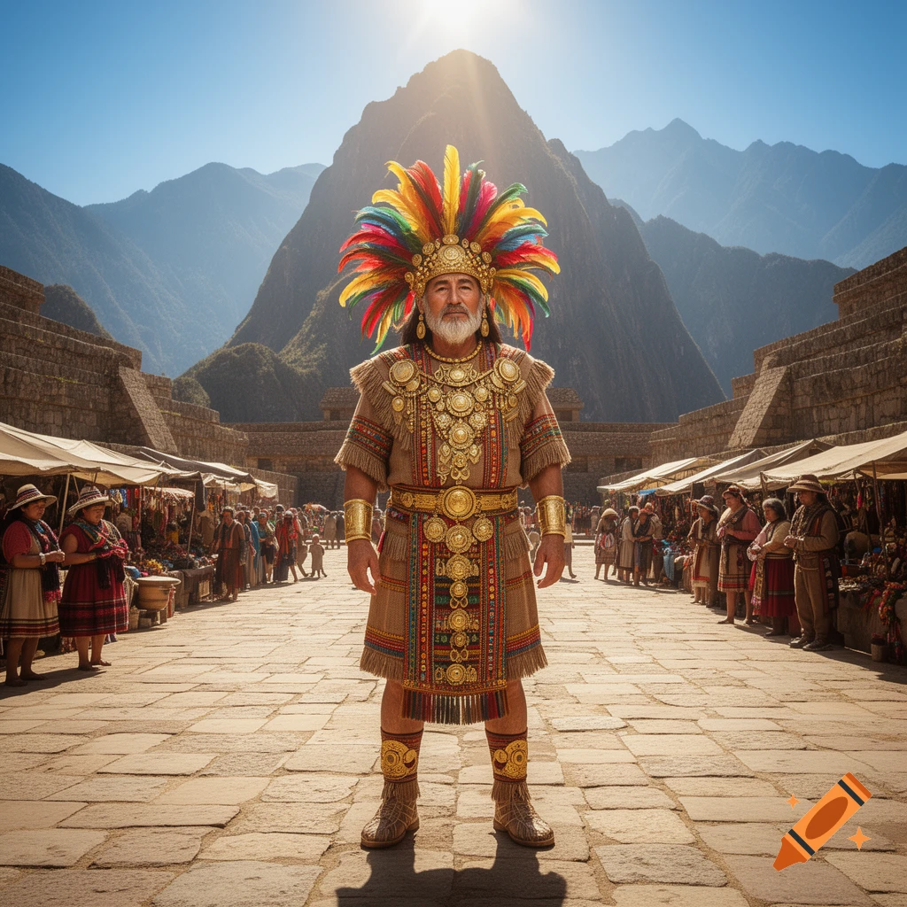 A man in ornate Incan ceremonial attire with a colorful feathered headdress stands in an ancient stone marketplace.