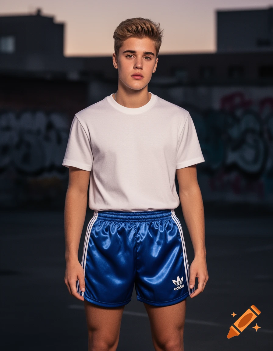 A young man resembling Justin Bieber wears a white t-shirt and shiny blue Adidas shorts in an urban setting.