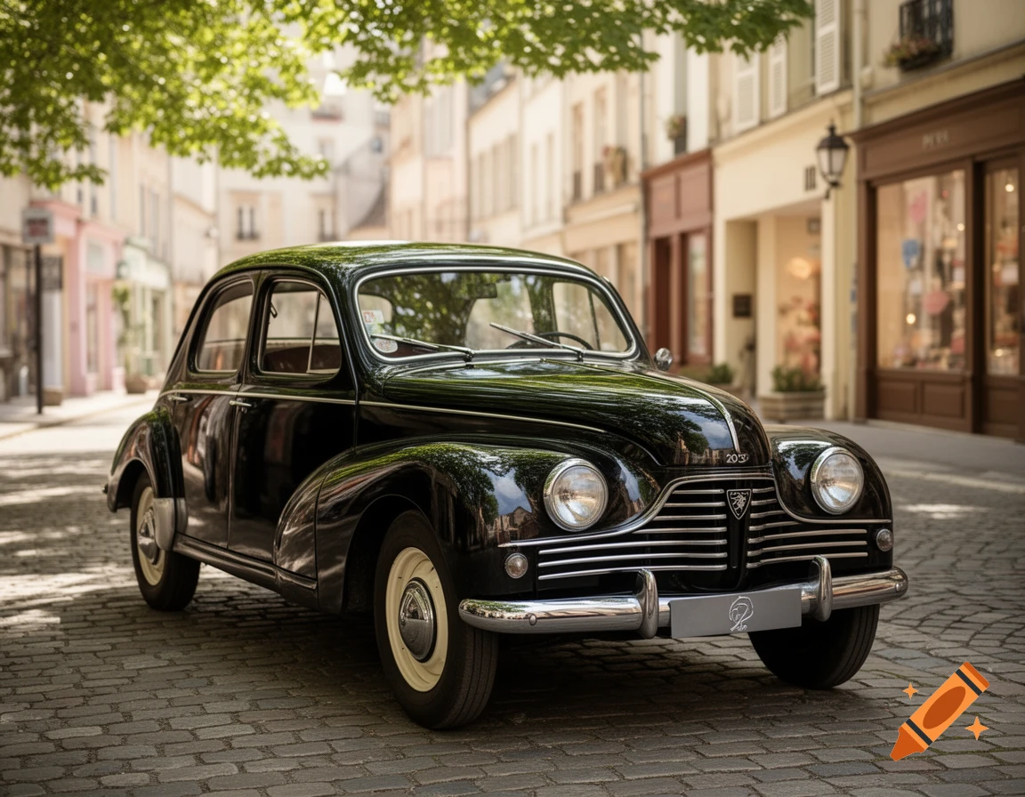A shiny black vintage Peugeot 203 car parked on a cobblestone street lined with charming European buildings and green trees.
