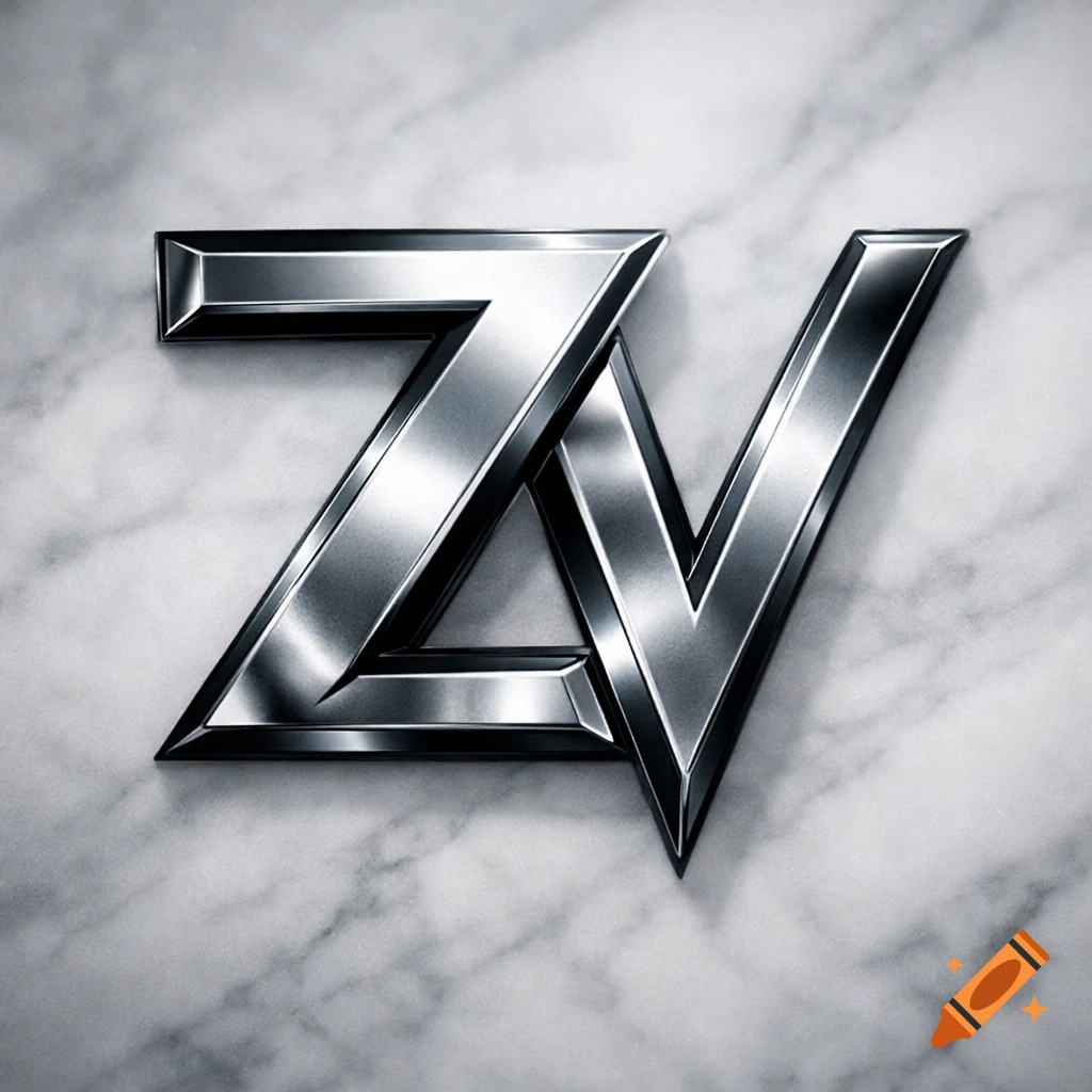 Metallic, glossy letters Z and V intertwined on a grey marble background.