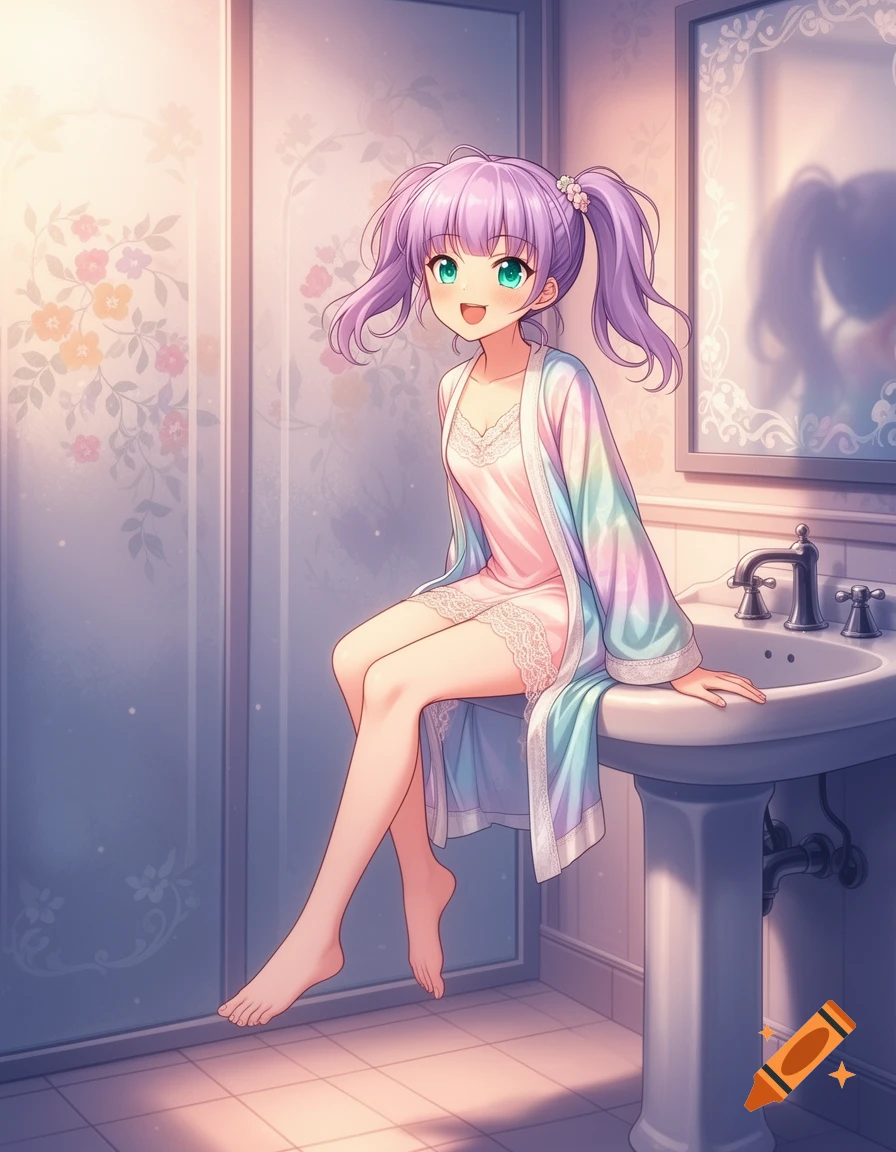 An anime girl with purple pigtails and green eyes smiles while sitting on a bathroom sink in her nightgown and robe.