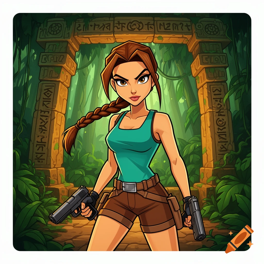 Cartoon Lara Croft in a teal tank top and brown shorts, with a braid, holding two pistols, standing in front of an ancient stone archway in a jungle.