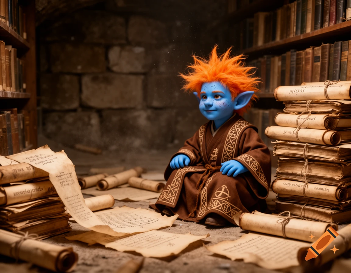 A blue-skinned gnome with spiky orange hair and freckles wears brown robes, sitting amidst parchment scrolls in a dusty library.