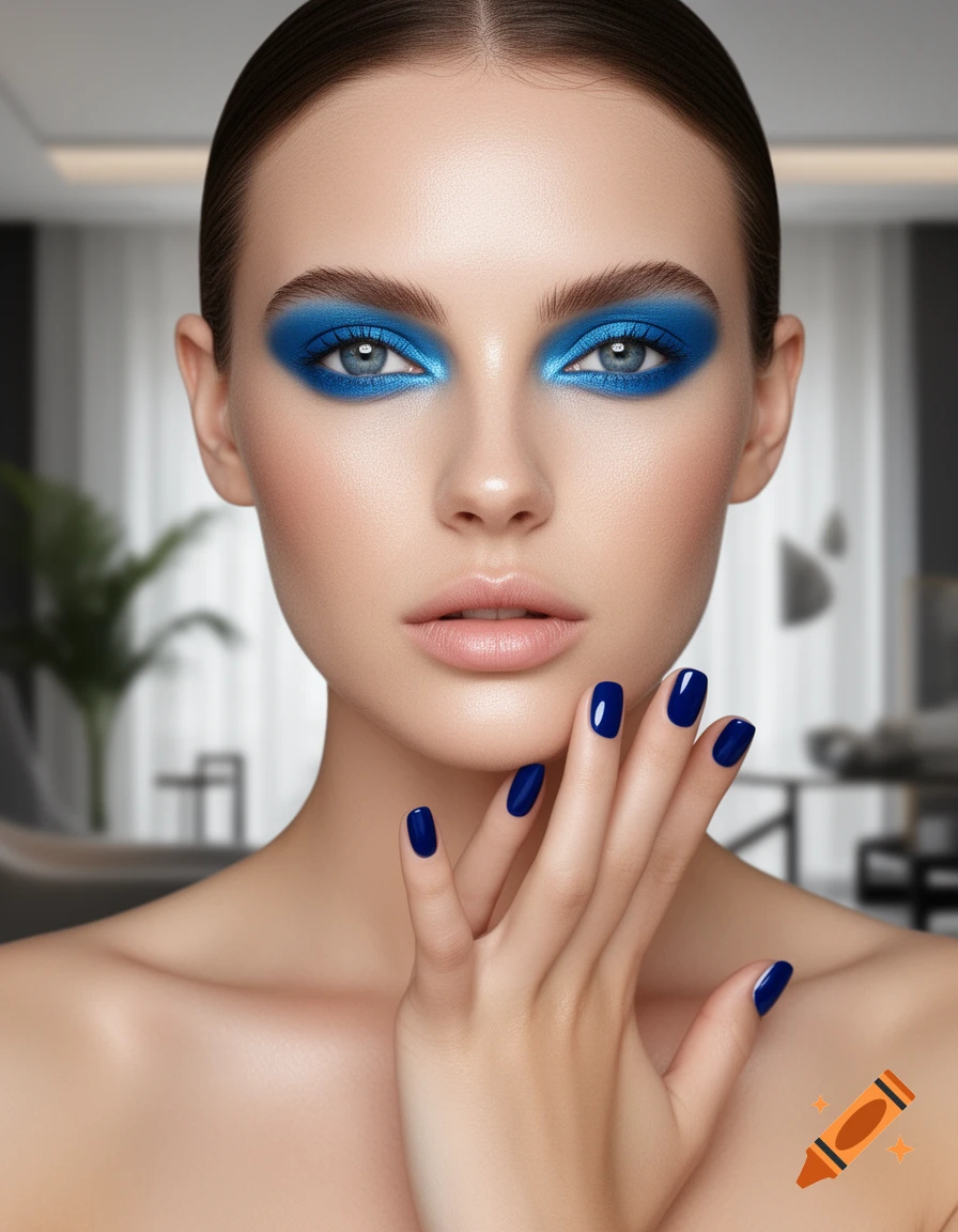Close-up of a woman with vibrant blue eyeshadow and matching blue nail polish, her hand gently touching her chin.