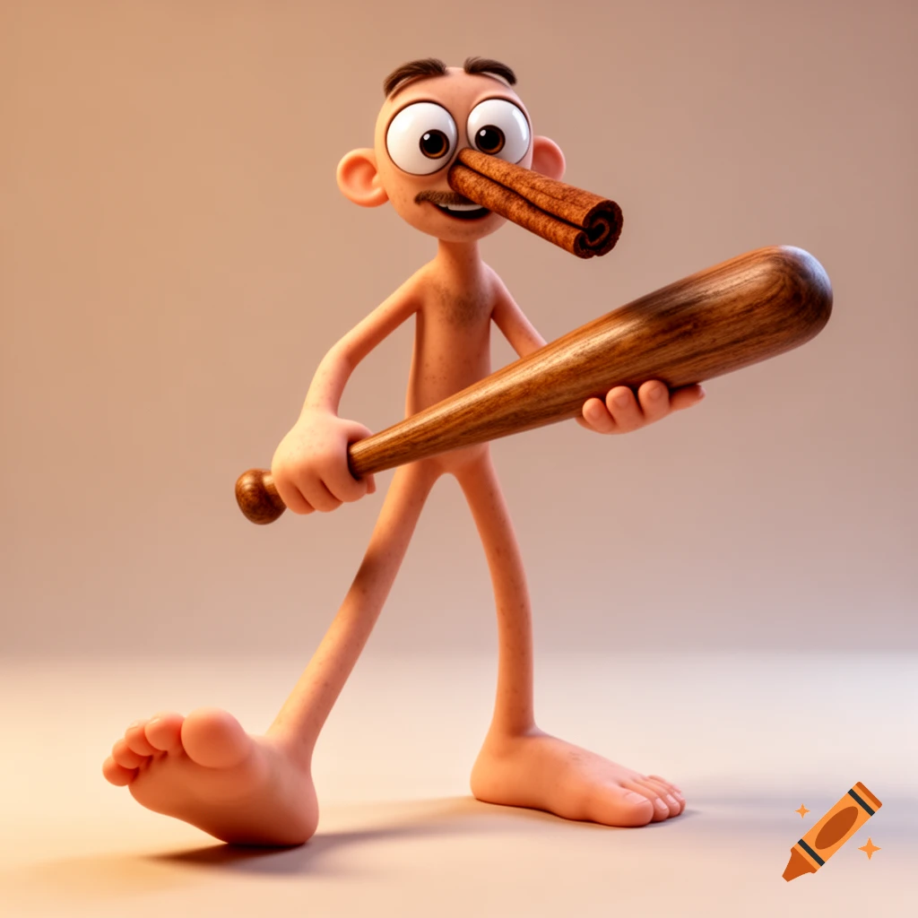 A cartoonish 3D man with a cinnamon stick nose and mouth, large eyes, nude body, long legs, and bare feet, holding a wooden baseball bat.