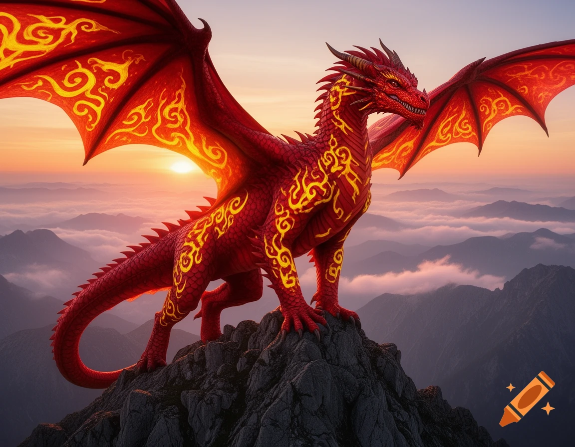 A majestic red dragon with glowing yellow patterns on its body and wings stands atop a mountain at sunset, overlooking clouds.