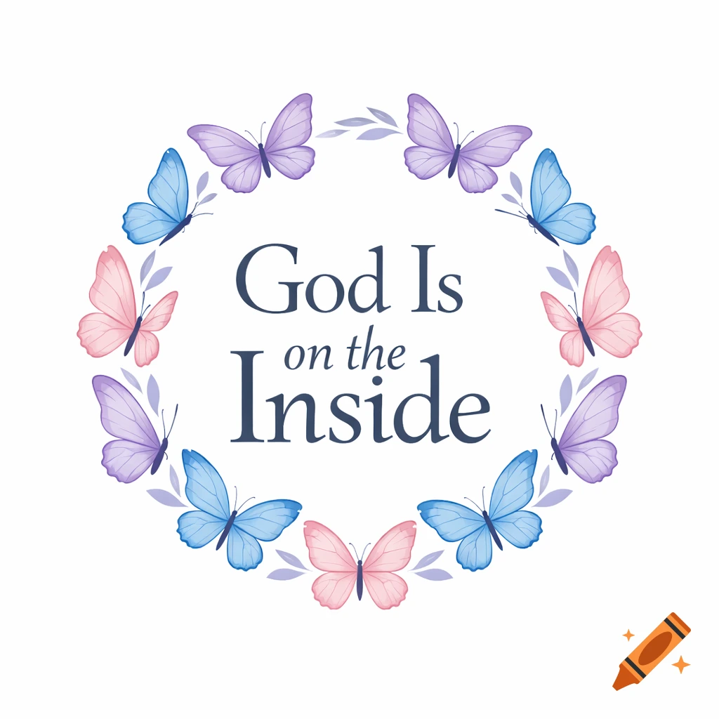 A logo featuring the text 'God Is on the Inside' encircled by a wreath of pastel pink, blue, and purple butterflies.