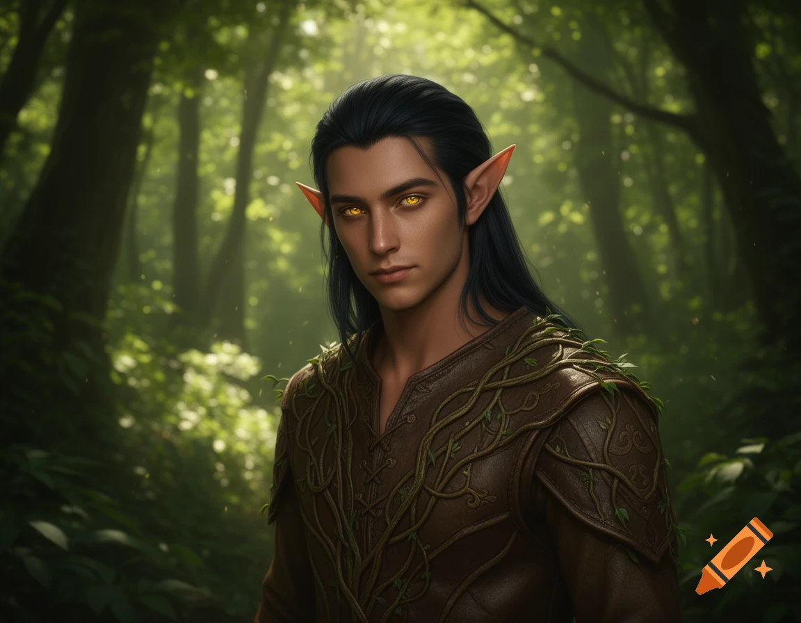 A dark-haired woodland elf with glowing gold eyes and brown skin wears a vine-covered tunic, standing in a lush, sun-dappled forest.