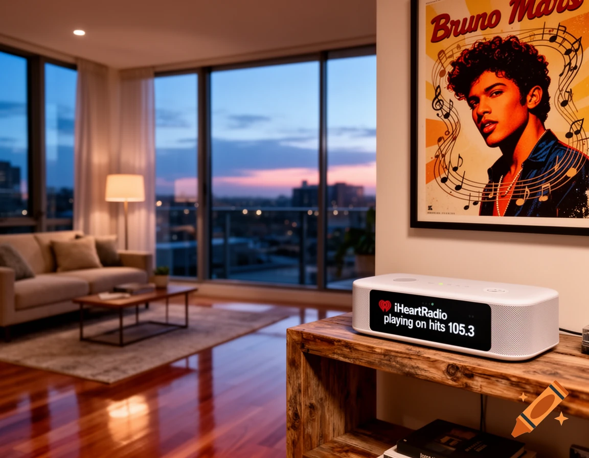 A modern living room at dusk with a smart speaker displaying 'iHeartRadio playing on hits 105.3' on a wooden shelf, next to a Bruno Mars poster.