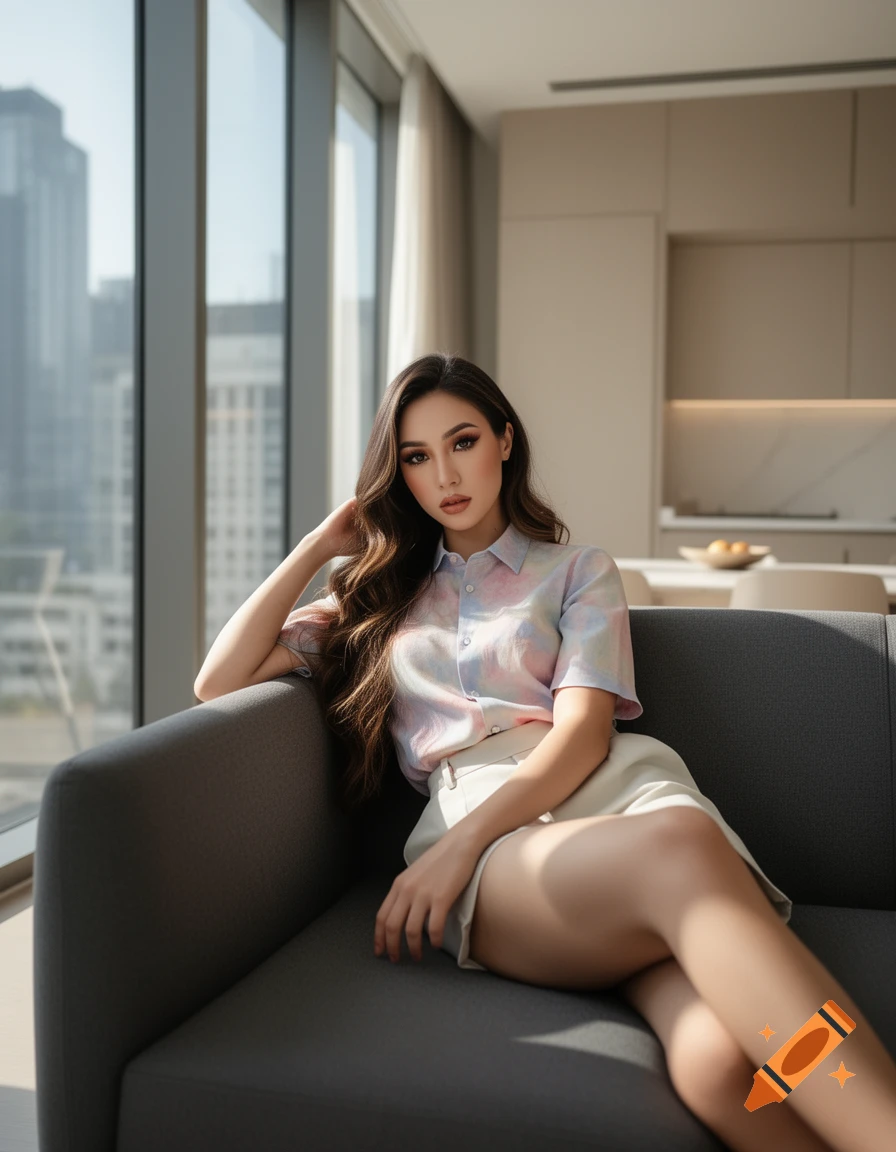 Photorealistic portrait of a woman with long hair and a colorful shirt, posing on a grey couch in a modern apartment.